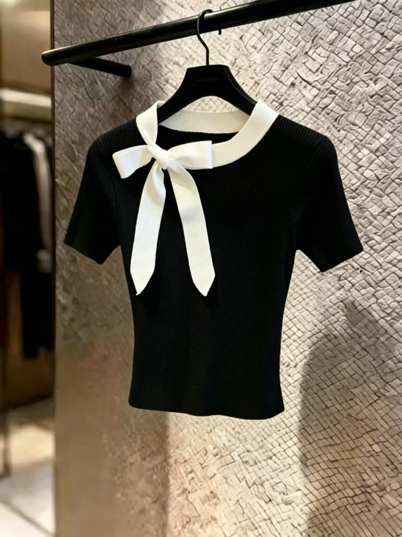 Korean Style  Knot Short Sleeve Knitted Shirt Women's Summer New High-End Feeling Personality Top Self-Reserve Item