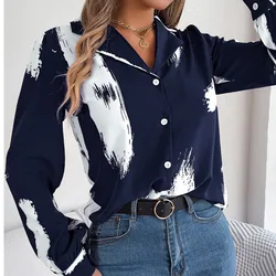 Spring Summer Temperament Contrast Color Striped  Collar Long Sleeve Shirt V-neck Print Commuter Fashion Woman Suit Shirt Top