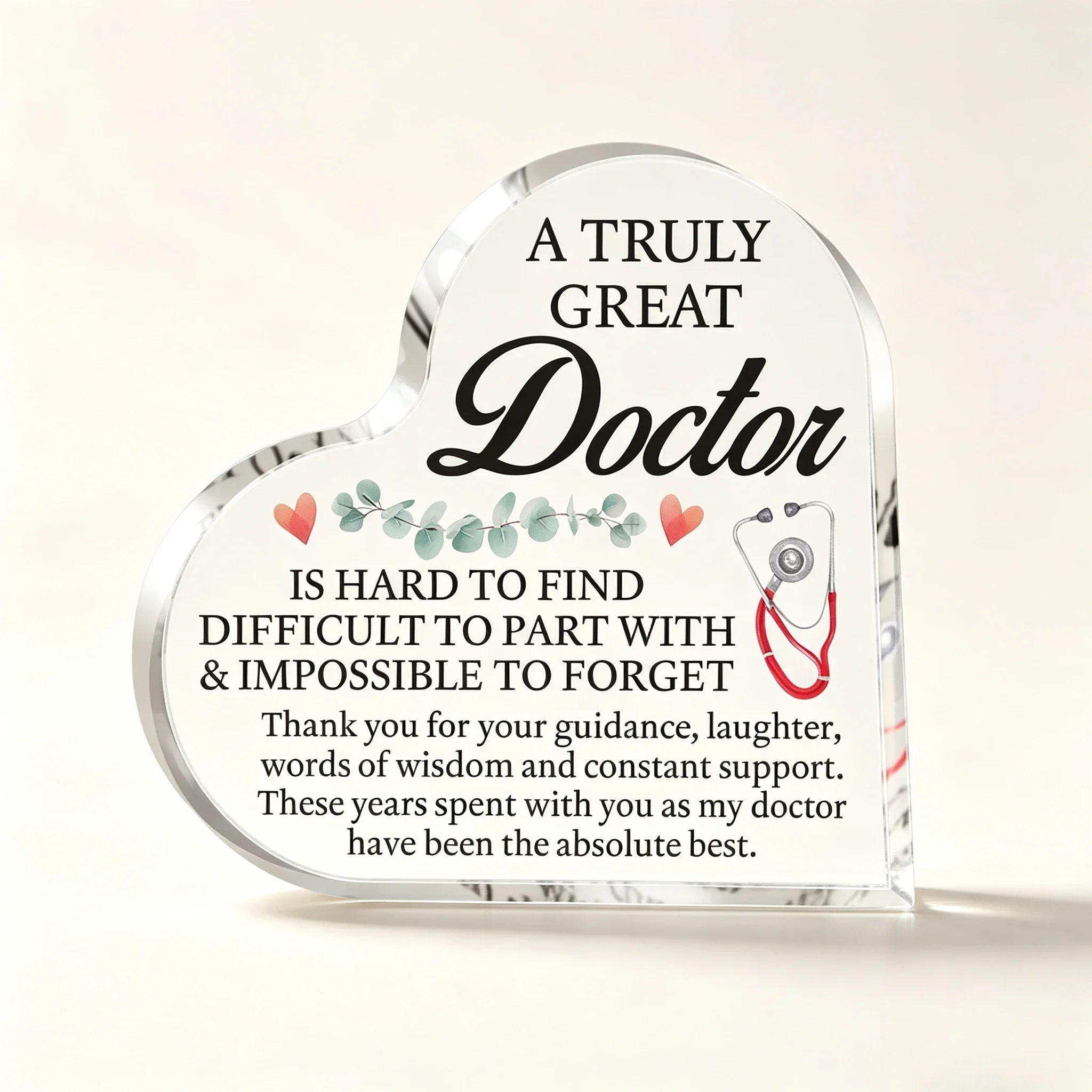 Heart Shaped Acrylic Plaque for Doctor Appreciation Eucalyptus Stethoscope Thank You Desk Decor Gift