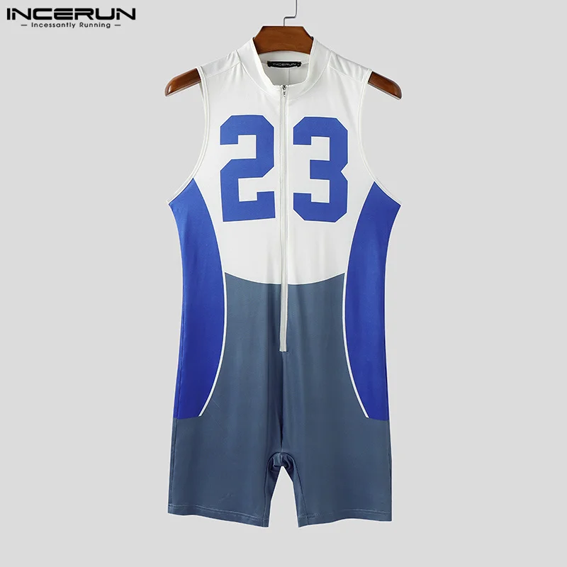Men Rompers Bodysuits Print Patchwork Zipper Sleeveless Male Overalls Skinny 2025 Summer Color-block Playsuits Workout INCERUN