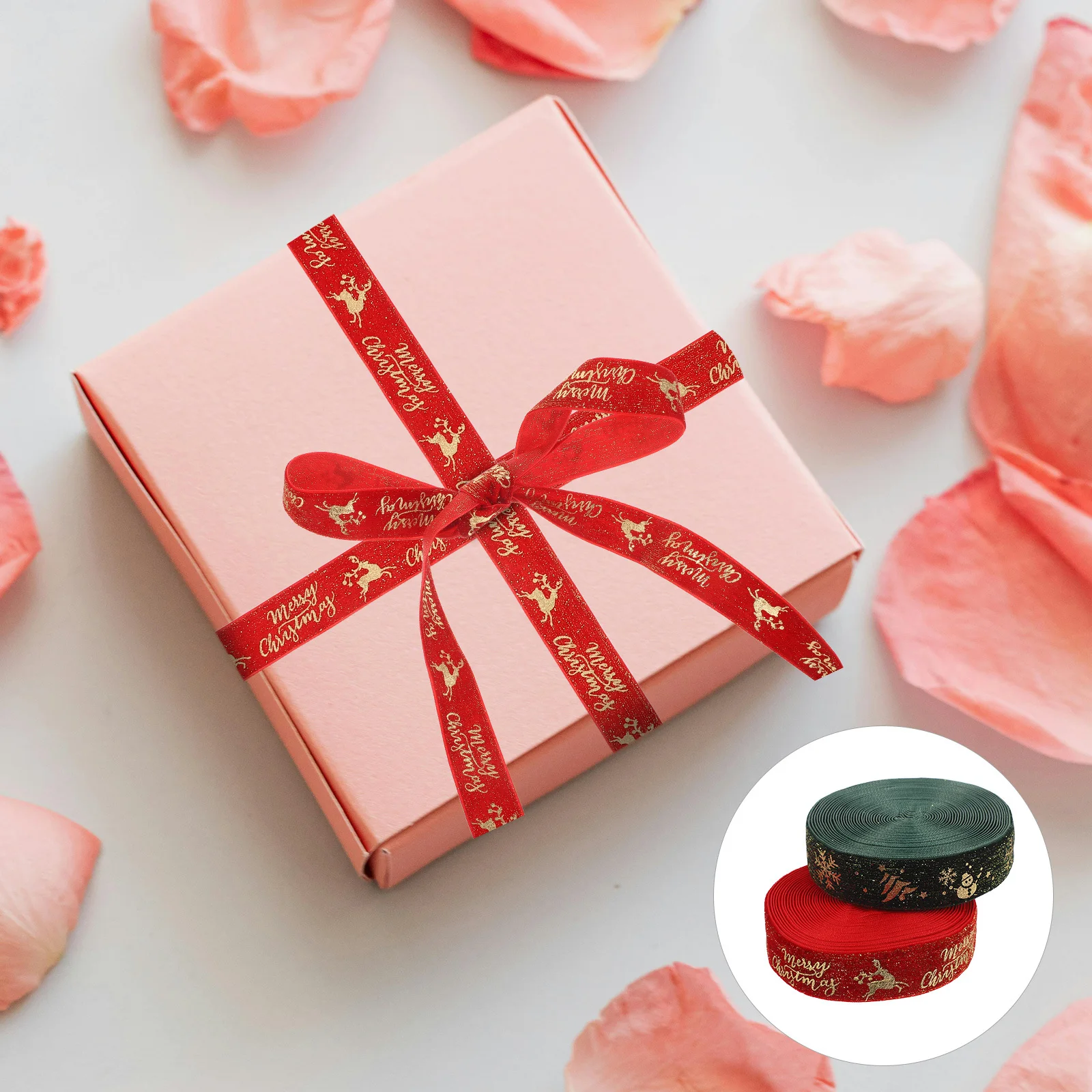 

2Pcs Flocked Gold Foil Ribbon 5 Yard Wired Edge for Christmas Wrapping Gift Bows Tree Garland Holiday Decor Christmas Ribbon