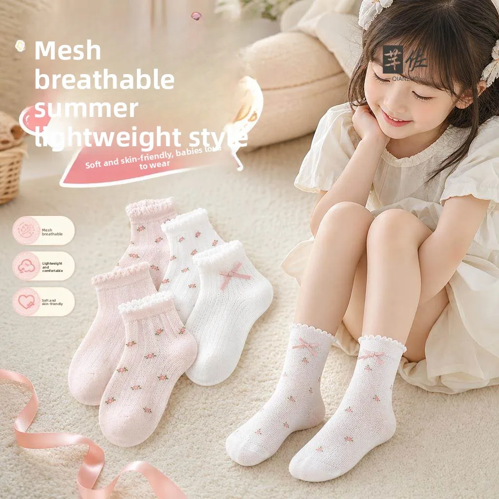 Children's Girl Socks Summer Thin Mesh Breathable Flowered  Mid-Calf Socks for Skirts 2026 New Style Comfortable Soft Fabric
