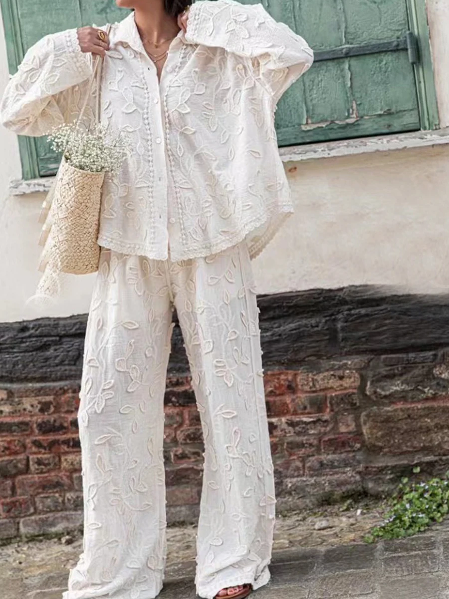 

Flower Jacquard Two-piece Set Women Single Breasted Long Sleeve Blouse+Wide Leg Trouser Summer Casual Fashion Loose Pants Sets
