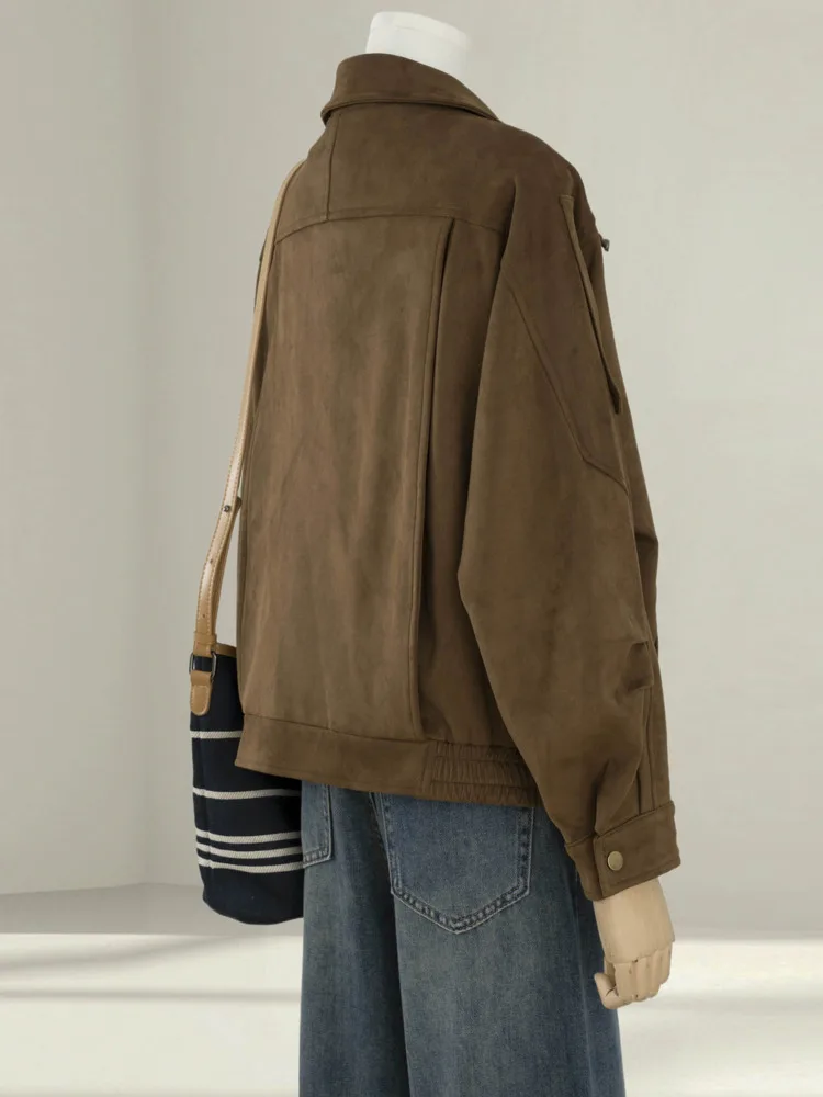 WHTREND براون بدوره إلى أسفل طوق سترة من جلد الغزال للنساء حجم كبير نمط جديد رائع فضفاض تنوعا سستة دراجة نارية معاطف السترة #5