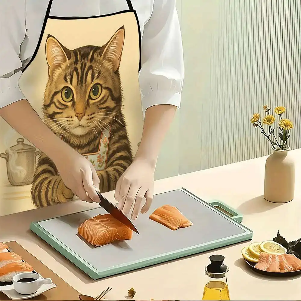Cute Cat Baking Kitchen Apron - Funny Tabby Cat Pastry Chef Graphic Linen Bib for Women Men Cooking Baking Gift Home Decor