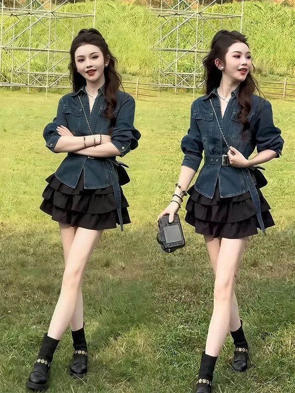 

Faionable Retro Denim Jaet And ort Skirt Set Women's Spring 2026 Waist-Cinching Two-piece Ensemble High Waist Polyester...