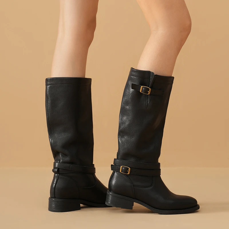 BEAUTODAY Long Boots Women Sheepskin Leather Round Toe Double Buckle Strap Vintage Knight Boots Ladies Shoes Handmade 01707 view 2