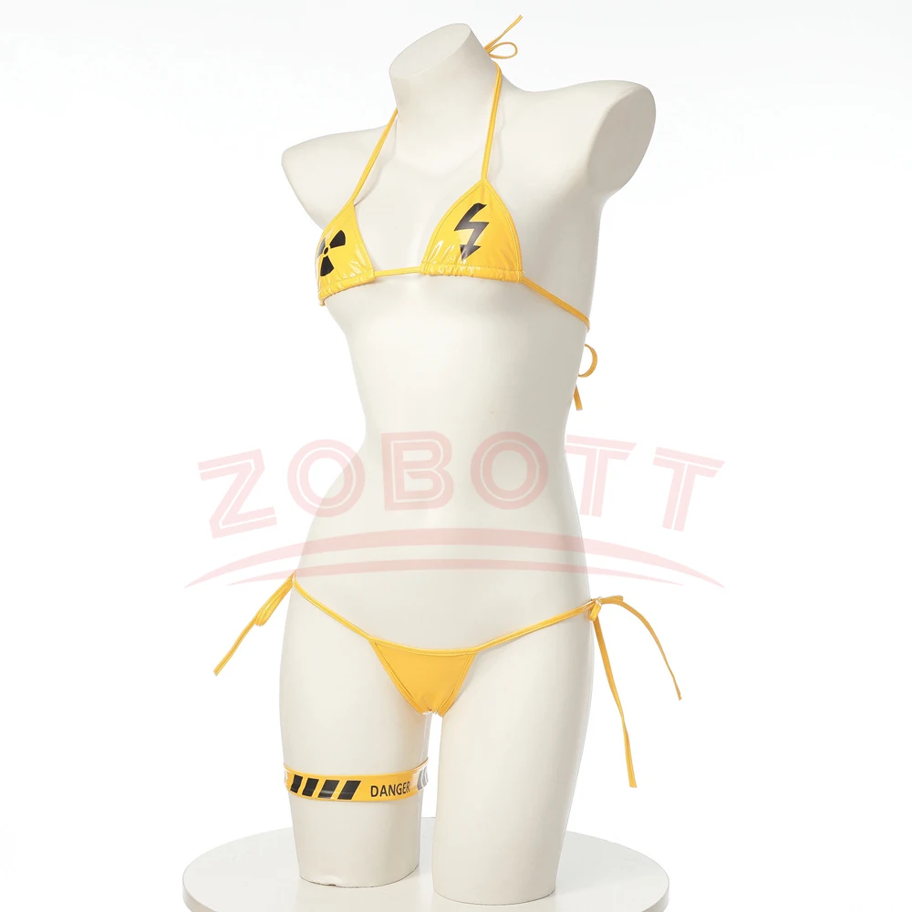 Anime Cyberpunk Danger Warning Yellow Bikini Swimsuit Women Anime Game Three Point Leather Underwear Set Costume Cosplay view 2