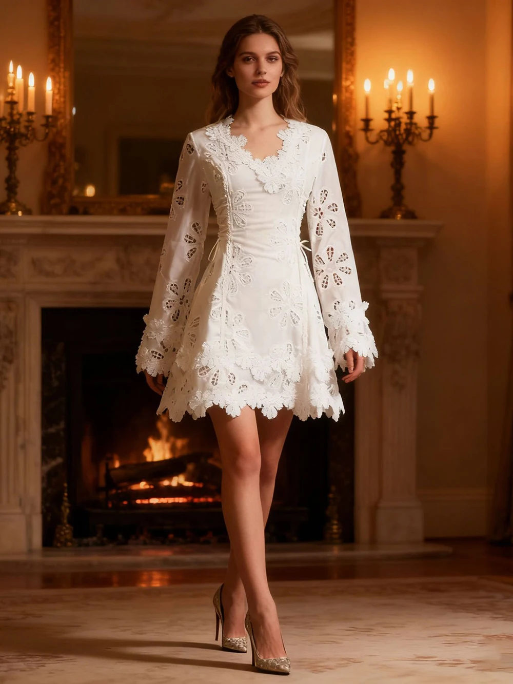 Vintage Court Style Short Dress 2025 New Design 3D Cut-Out Lace Pattern V-Neck Flared Sleeve Dress