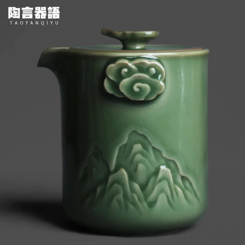 Secret color Yue kiln celadon embossed mountains pattern hand grabbed teapot vintage ceramic wide mouth tea brewer