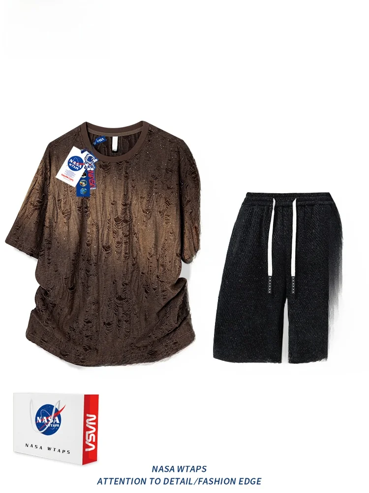 

Летний комплект WTAPS из ледяного шелка: свободная спортивная футболка и шорты для мужчин, повседневный молодежный модный комплект из двух предметов