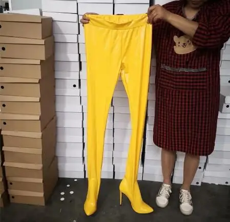 Sexy Red Purple Black Yellow Shiny Soft Leather Pointed Toe Jumpsuit Boots Women Slip On Super Thin Heels Extra Long Pants Boots