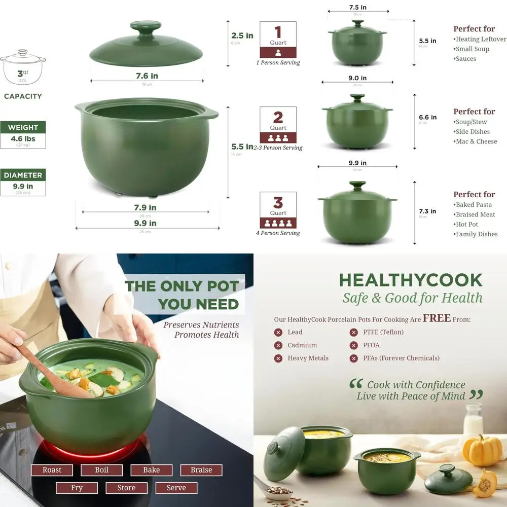 

3-Qt Porcelain Dutch Oven with Lid - Safe for Oven Up to 482°, Heat Retention, Suitable for Gas and Infrared Cooktops, Multipurp