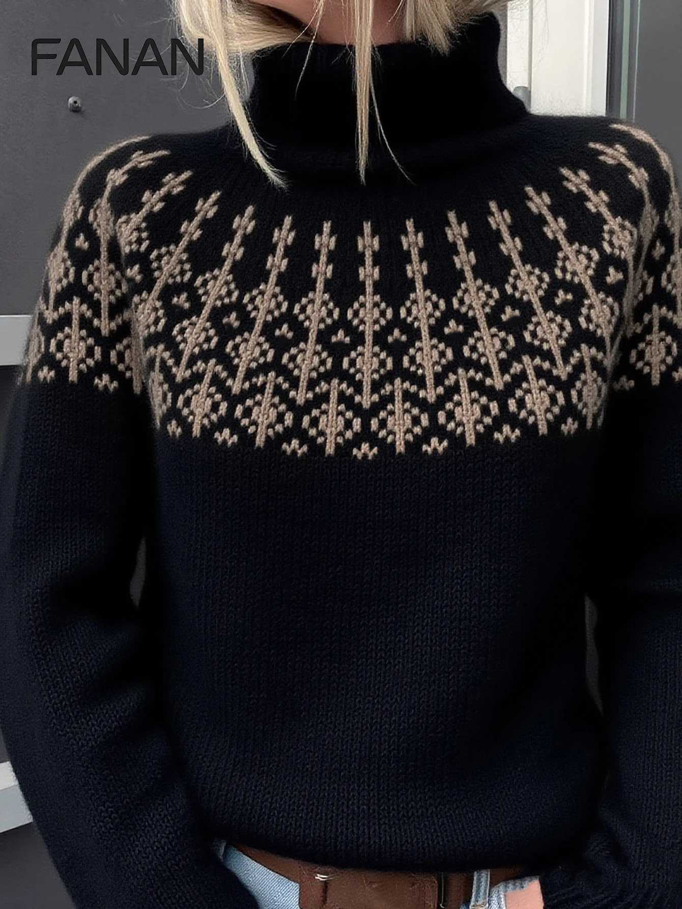 Nuevo Cárdigan de Punto de Diseño Exclusivo para Mujer, Otoño/Invierno, Estilo Desenfadado, Jersey de Cuello Alto Ajustado con Patrón Geométrico Negro, Top Casual y Elegante para Otoño/Invierno, Estilo Básico Versátil para el Uso Urbano, Ropa Casual con E