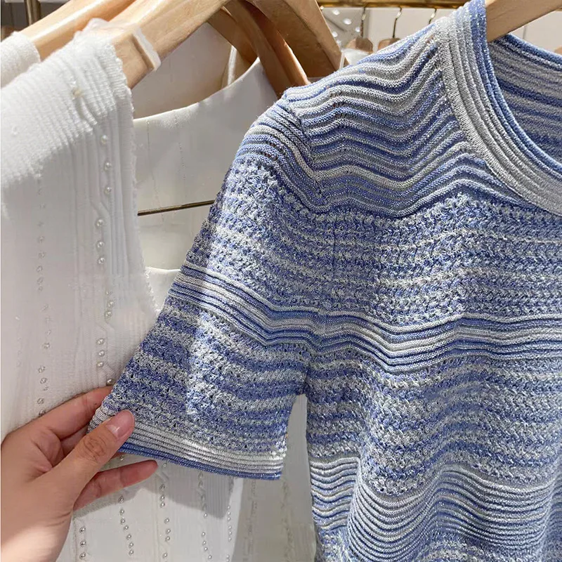 

2026 Summer Women's Wave Pattern Short Sleeve Round Neck Single breasted Knitted Shirt