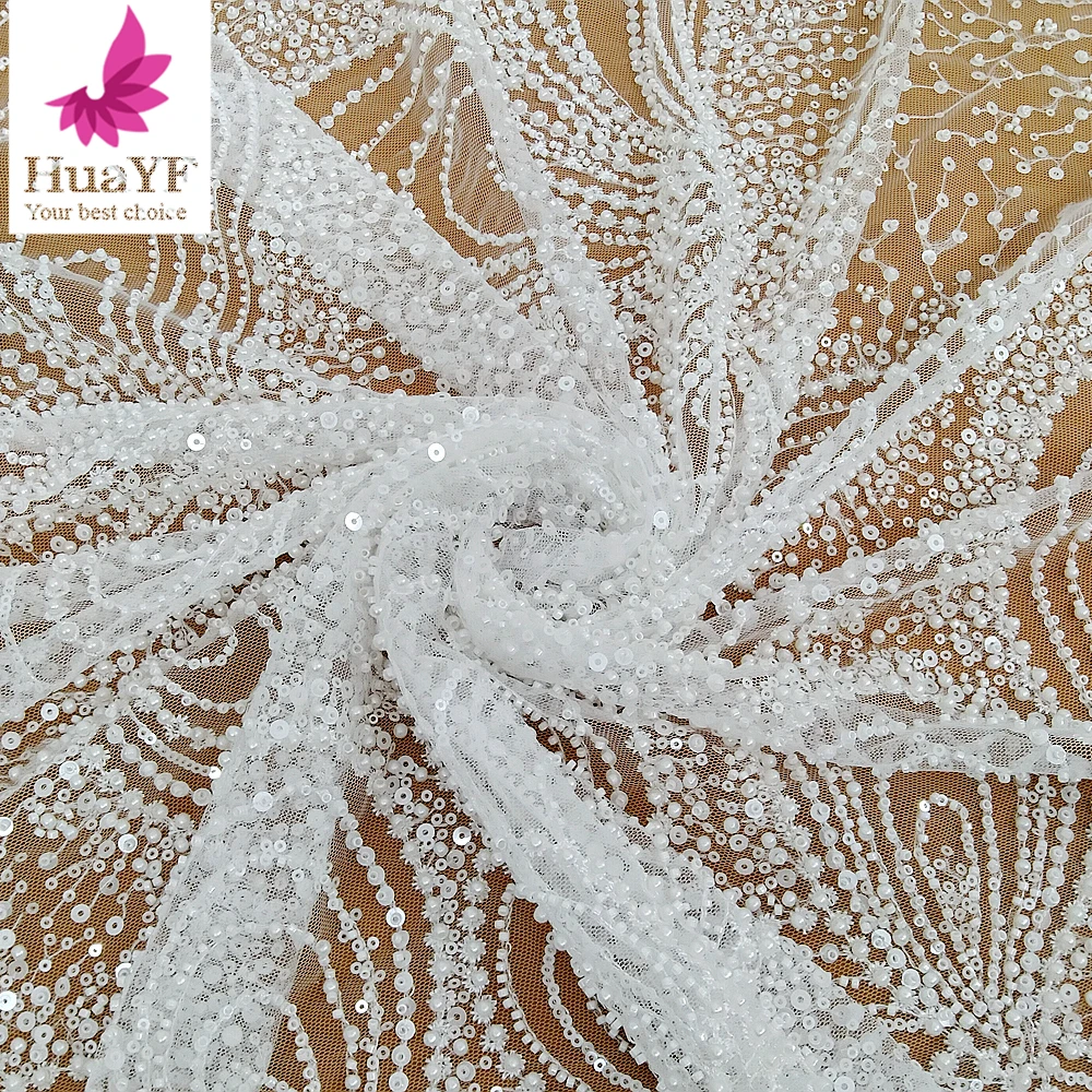 1 Yard 100% polyester luxury pearl white fancy sequins embroidered wedding lace fabric HY2510-1