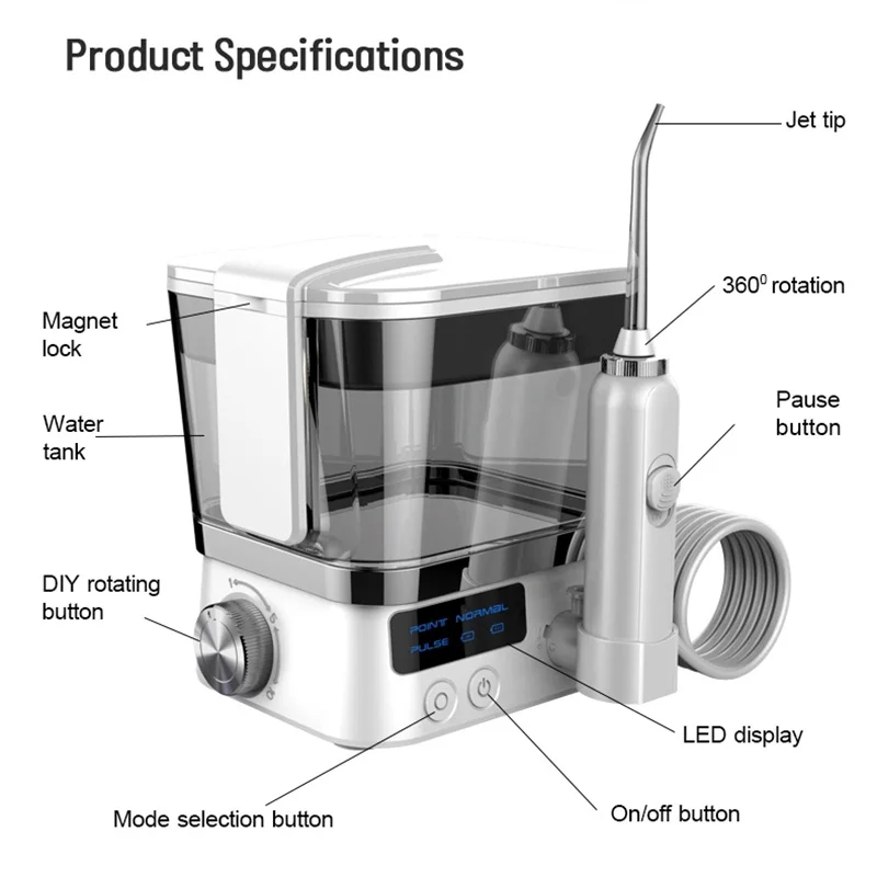 600ml Water Flosser Rechargeable Oral Irrigator 2 Jet Tips 600ml Dental Water Flosser With 10-degree For Teeth Cleaning