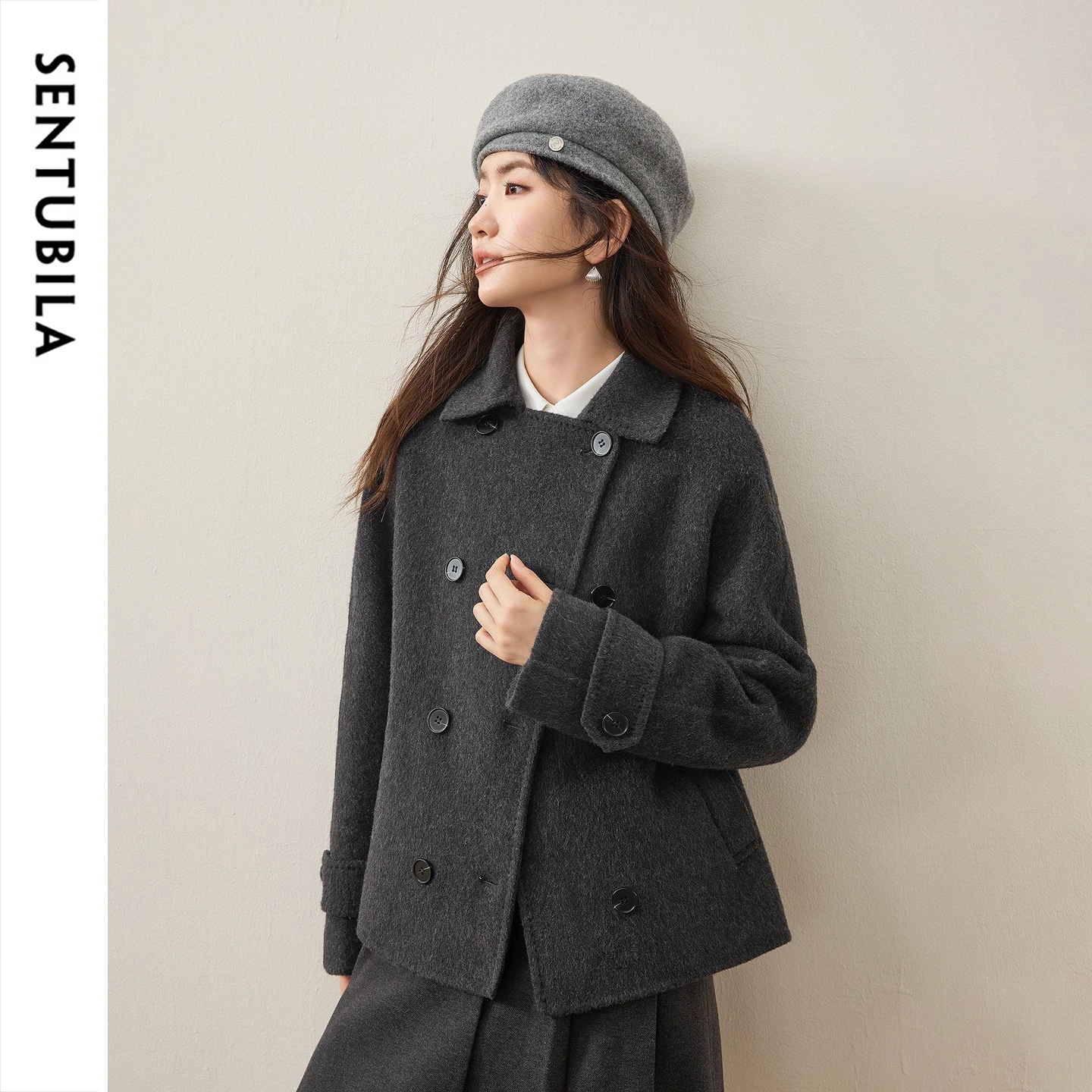 SENTUBILA Double‑Faced Wool Coat for Women Winter Elegant Lapel Warm Woolen Jacket 2026 Loose Drop‑Shoulder Outerwear W64OC7754