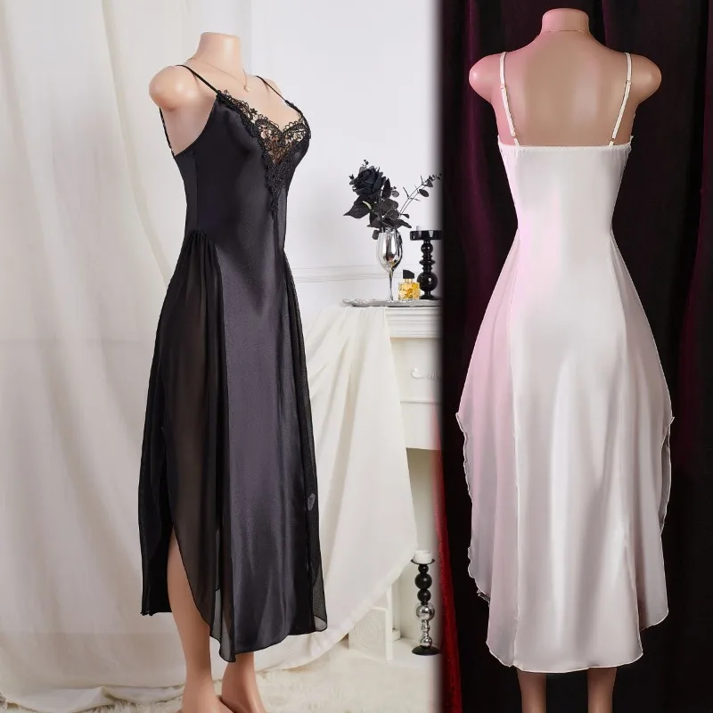Black White Color V-Neck Lace Trim Long Cami Sleep Dress for Women Side Split Sheer Nightgown Elegant Lightweight Loungewear