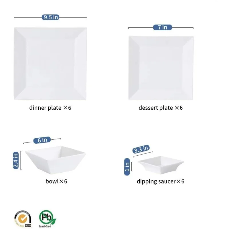 24-Piece Classic Square Dinnerware Set for 6-Square Dinner Plates, Dessert Plates, Bowls & Dipping Saucers, White