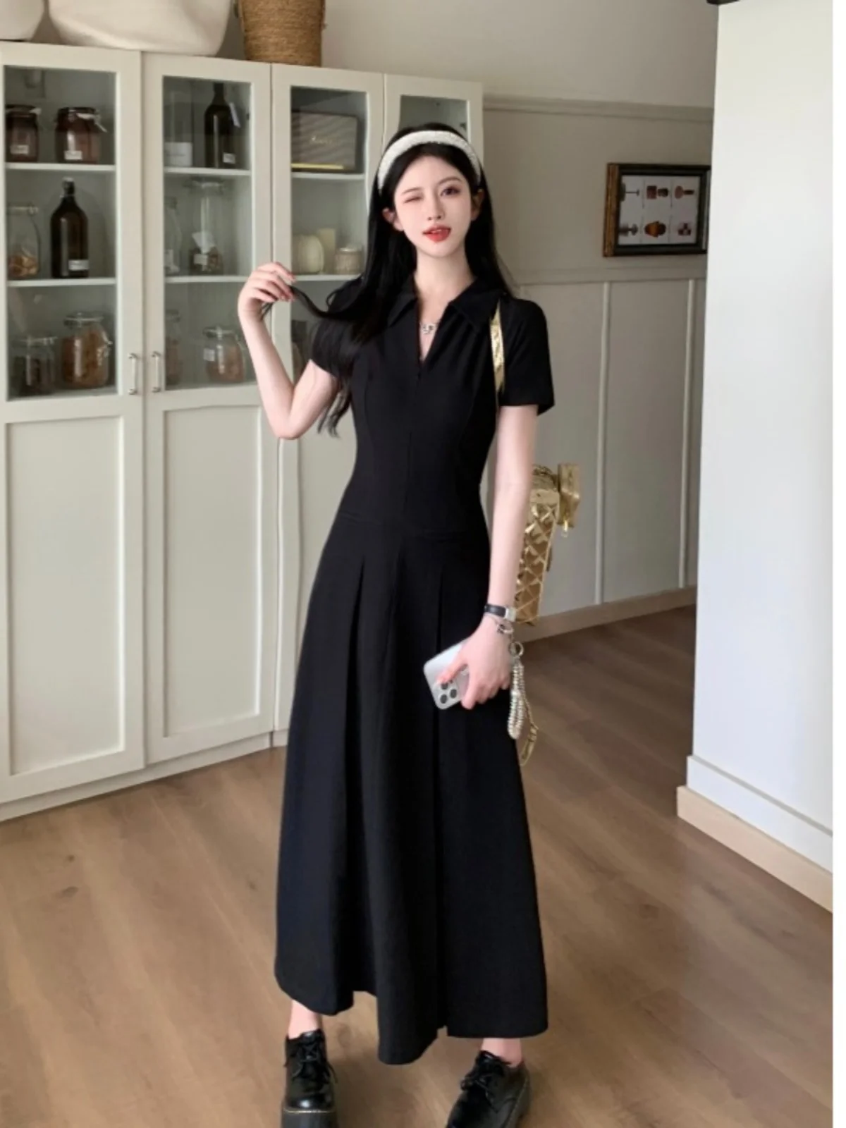 

plus Size Women's Bla V-Ne ort Sve Midi Dr Summer New Sle Waist-Cinching Pleated Long Skirt Commute Sle Slim Fit