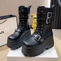 Black Autumn Women Punk Style Platform Ankle Boots Thick Sole Leather Motorcycle Boots 8CM Chunky Metal Buckle Short Boots Woman