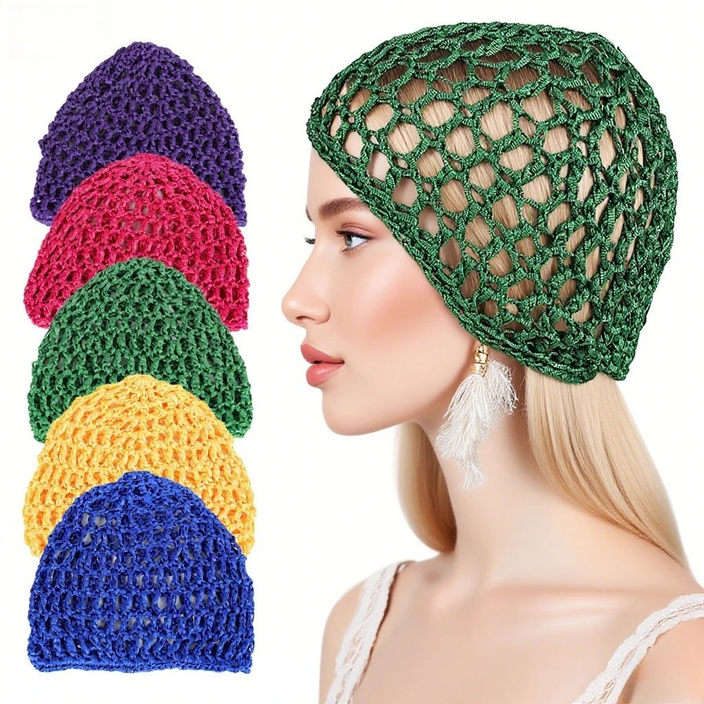 

2PCS Women Knitting Hat Mesh Hair Net Hollow Bun Hairstyle Elastic Headpiece Crochet Cap Hair Net Scarf ForSleeping Turban Hats