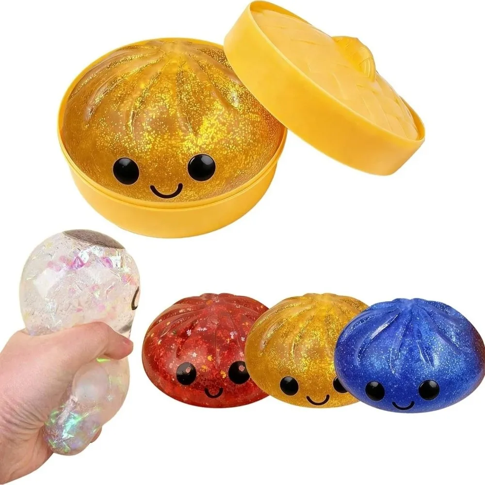Glitter Dumplings Squishy Toy with Steamer Slow Resilience Steamed Stuffed Bun Squishy Pinch Le Soft Fidget Squishy Toy