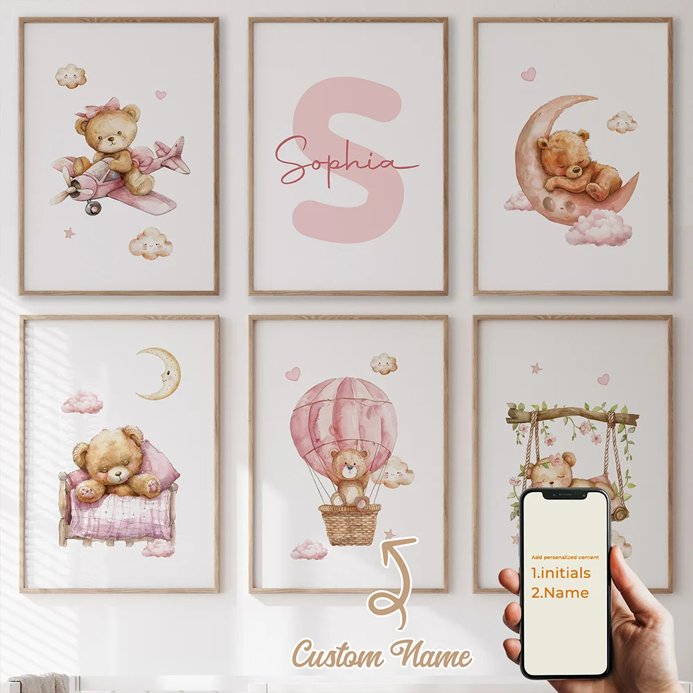 

6pcs Personalized Custom Name Cartoon Pink Bear Wall Art Print Picture Canvas Poster Painting For Living Room Home Decor