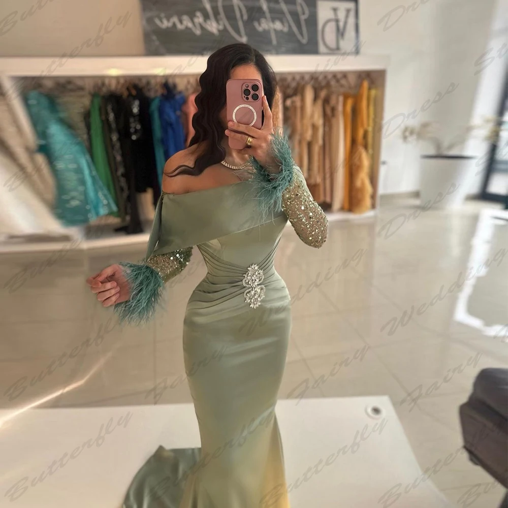 2024 Elegant Mermaid Evening Dresses Sexy One Line Shoulder Strap Feather Lace Princess Prom Gowns Formal Party فساتين السهرة