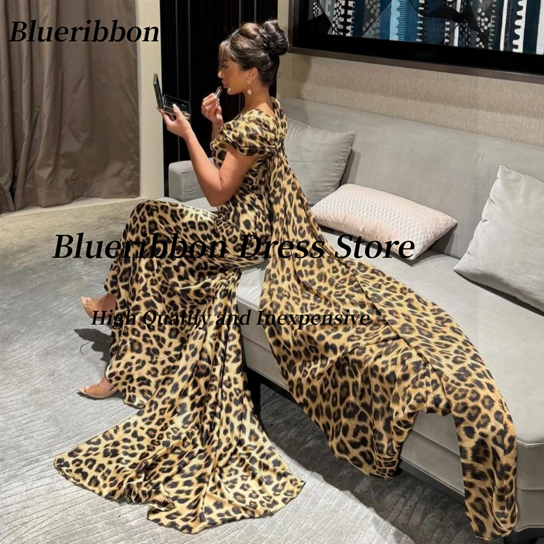 Blueribbon Leopard Print Sexy Prom Dresses 2024 Off Shoulder Flutters Evening Gowns Long Maid of Honor Wedding Party Dress