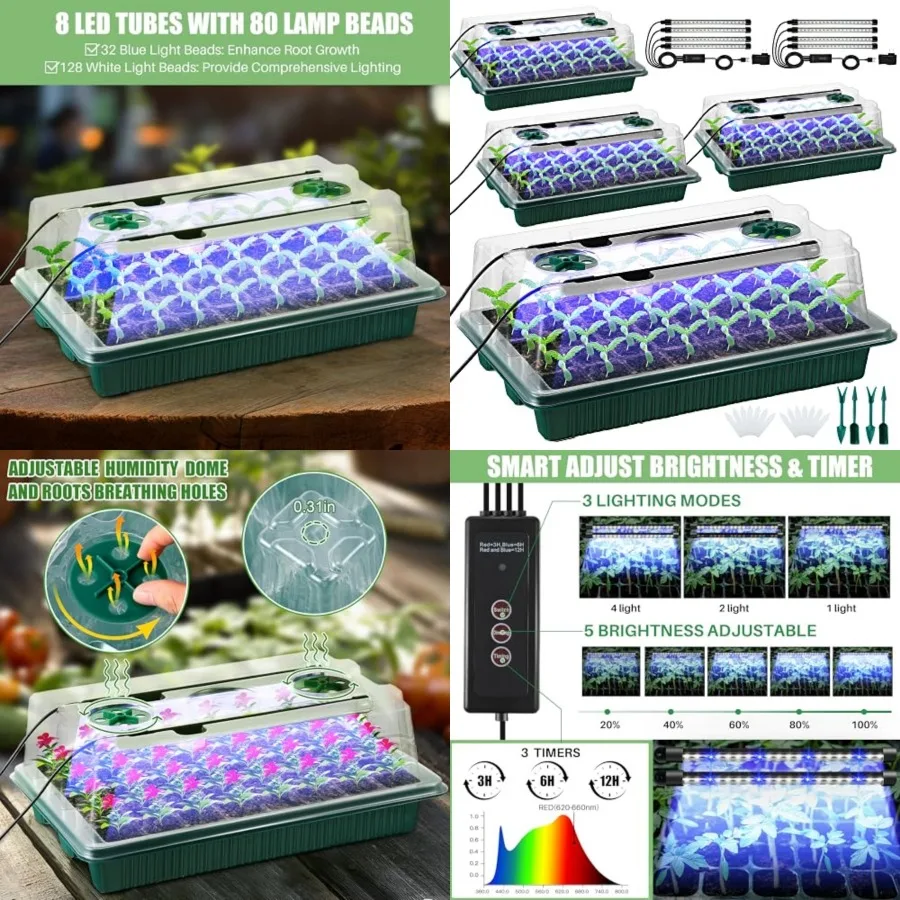 Pack Seed Starter Tray with Grow Light, 80 Cell Indoor Greenhouse Seed Starting Set with Humidity Dome, 360° Full Spectrum LED,