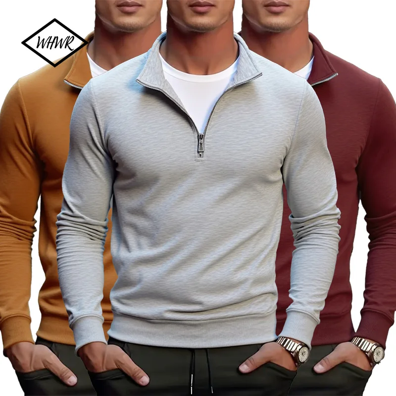

Осенне-зимняя трикотажная мужская повседневная толстовка с длинным рукавом, однотонная футболка с воротником-стойкой на молнии, топ, мужской пуловер