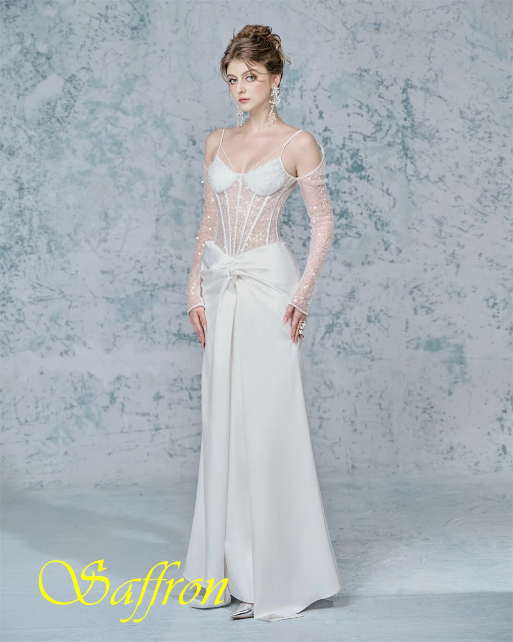 فستان سهرة أنيق بحورية البحر من الساتان مخصص كلاسيكي بأكمام طويلة للحفلات الراقصة، فساتين مناسبة خاصة مطرزة بالترتر