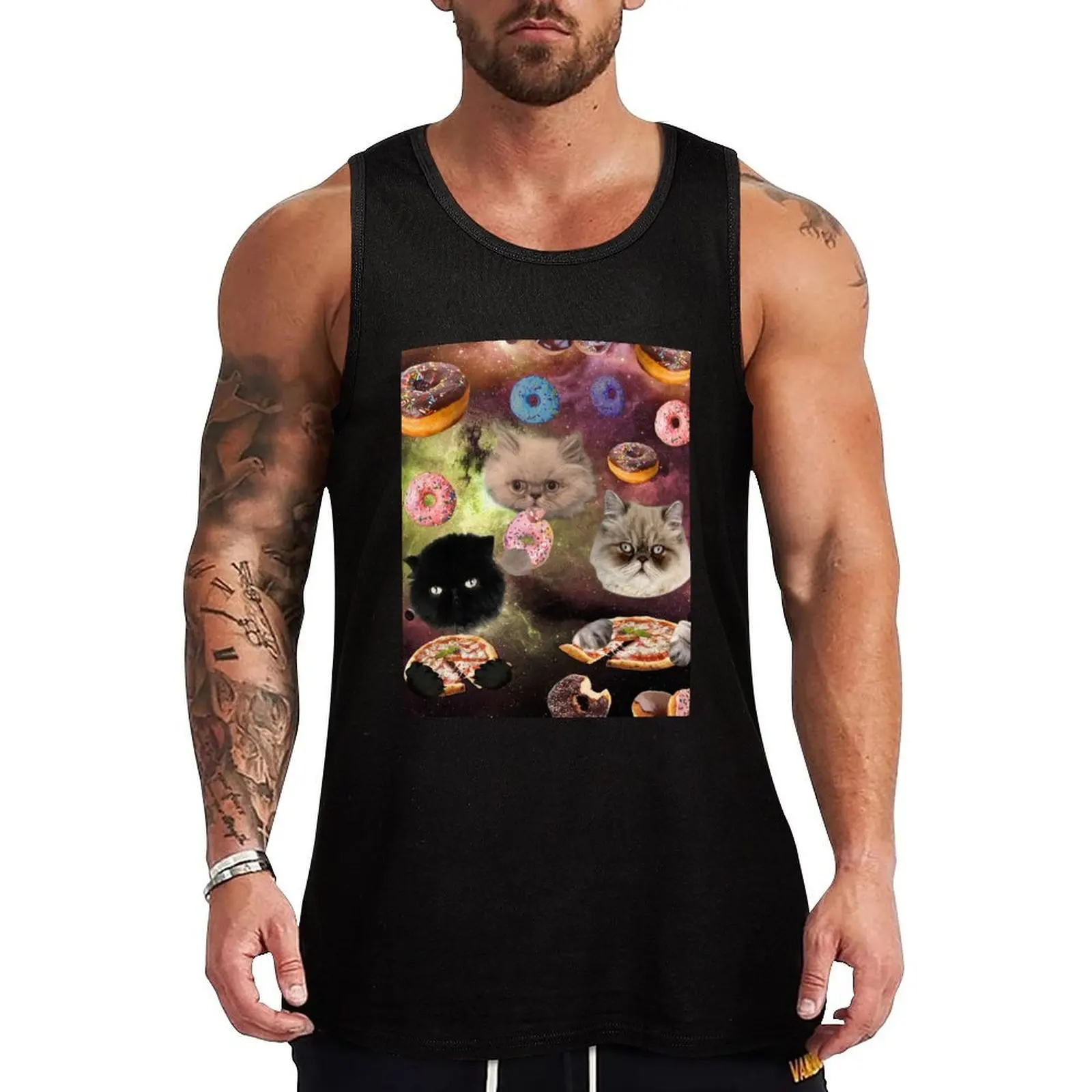 

Cats in Space Eat pizza and donuts Tank Top Anti Shrink Tank Top Durable Casual Sleeveless Shirt
