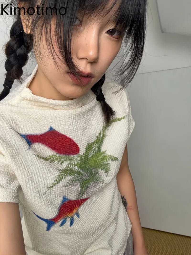 Kimotimo American Goldfish Printed T-shirts Women Vintage Stand Collar Slim Texture Tops Y2k Grunge Harajuku Short Sleeve Tees