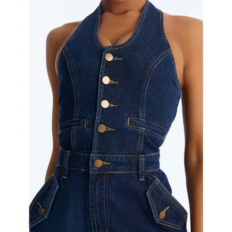 Picture 5: Slergiri Half Button Halter Denim Jumpsuit Women Fashion New 2026 Summer Sexy Backless Pocket Streetwear Baggy Wide Leg Jumpsuit