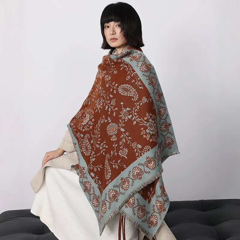 

Thickened retro ethnic paisley scarf for women, winter high-end warm faux cashmere shawl