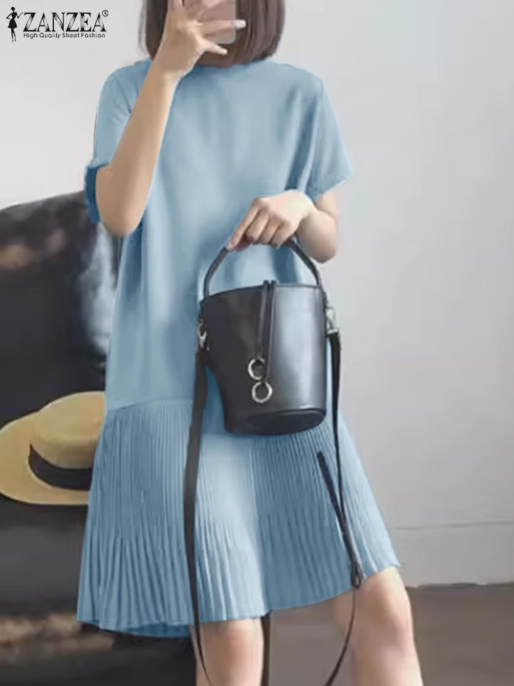 ZANZEA <ne2> Casual Solide Plissee Kleid Frauen Sommer Lose Kurzarm Knielangen Robe Koreanische Einfache Patchwork Vestido Oversize