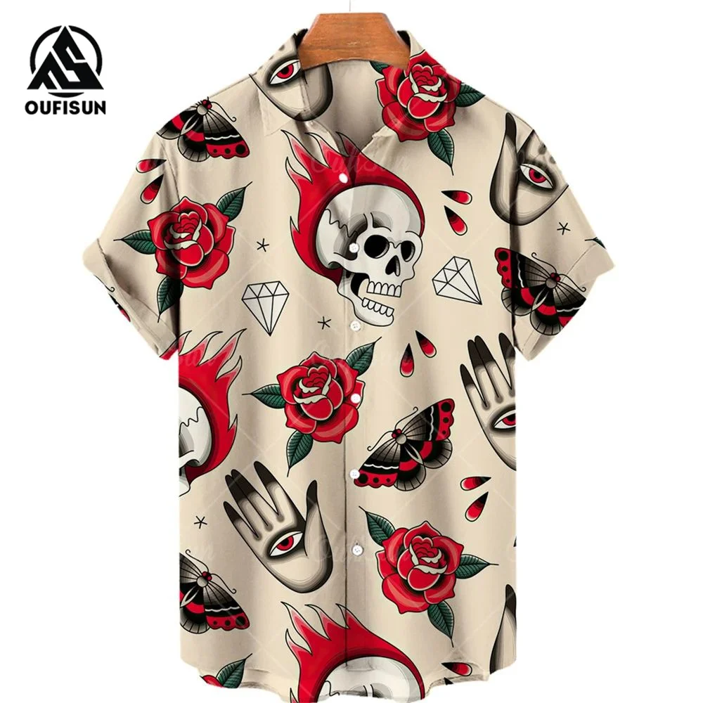 Summer Fashion Men\'s Short Sleeve Casual Printed Shirt Flowers Horror Skull Print Vacation Travel Oversized Top Size S-5XL