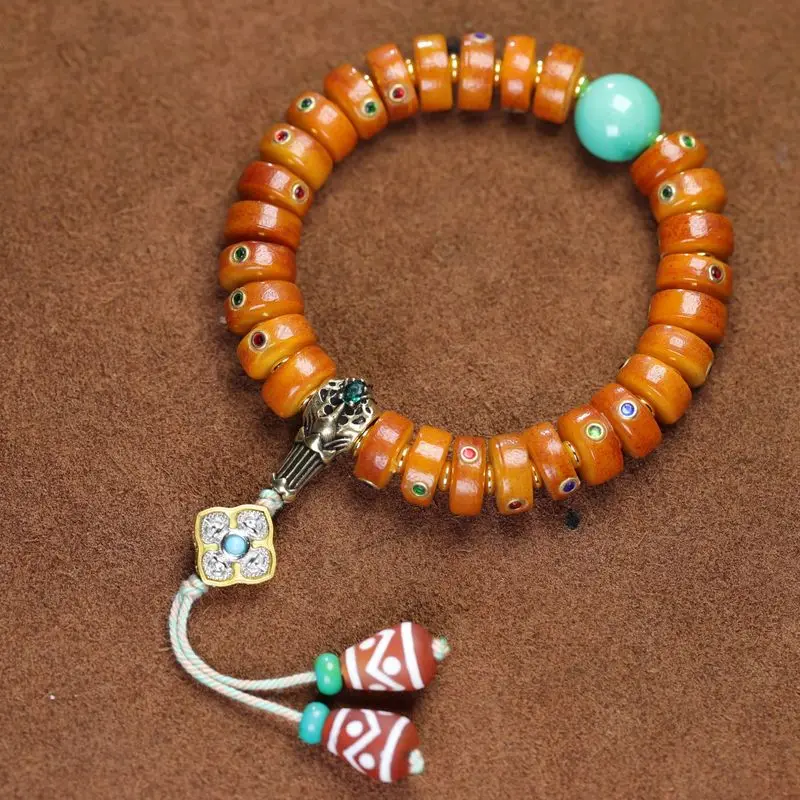 Natural inlaid multi-bead , Tibetan ethnic style camel bone with patina, unisex cultural accessory bracelet