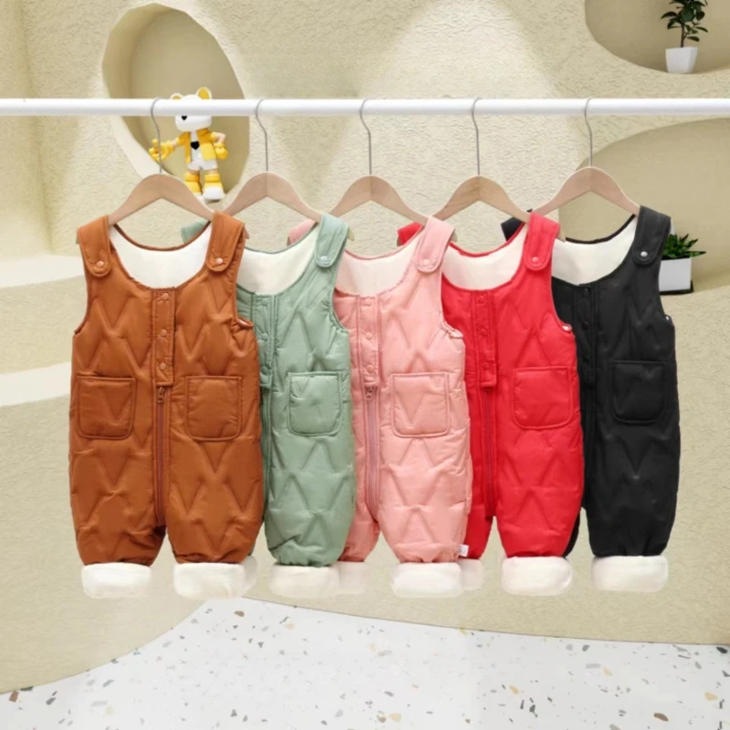 2026 Autumn and Winter New Children's Solid Color Thickened Cotton Shoulder Strap Zipper Jumpsuit