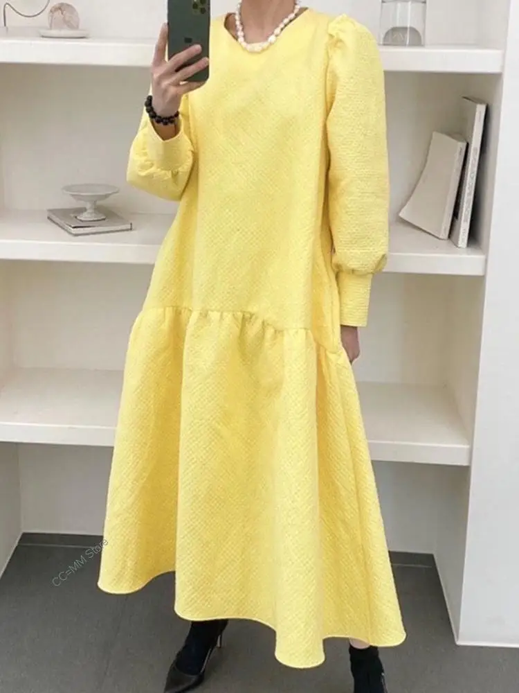 

2022 Korean Chic Solid Round Neck Three-dimensional Decoration Loose Spliced Long Dress Autumn Female New Fashion