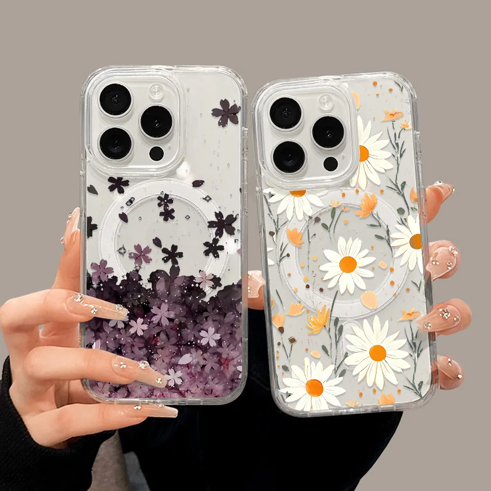 Pink Flower Phone Case For iPhone 17 Pro Max Case iPhone 16 13 15 11 12 14 Pro Max 17 Air For Magsafe Magnetic Clear Cover Funda