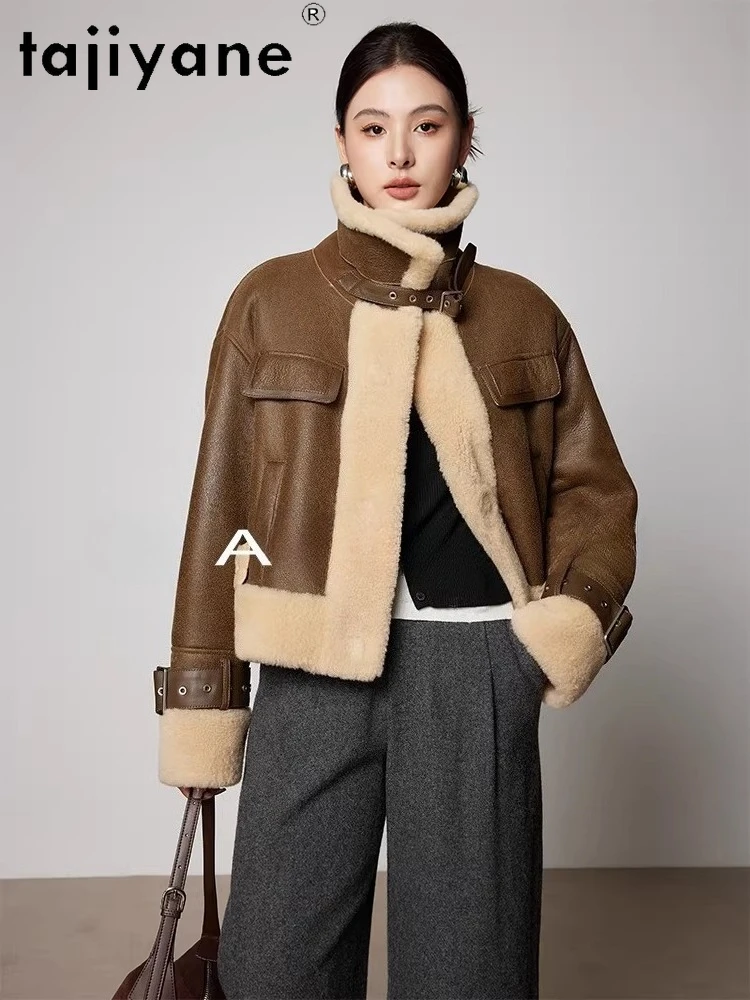 TAJIYANE 100% Merino Sheepskin with Wool Attached Jacket Women Motorcycle Short Real Fur Coat Winter Woman Clothing шуба женская