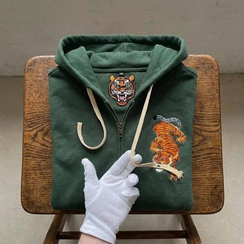 

Y2K Vintage Harajuku Tiger Embroidered Zip Up Hoodie Retro Streetwear Green Hooded Sweatshirt Unisex Casual Oversized Jacket Top