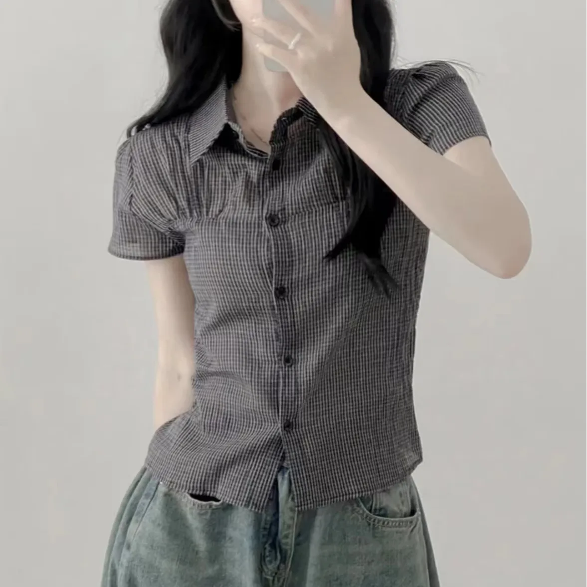 

Женский шикарный корейский Sle irt Slim Fit ort Sve из тонкого материала с завязкой на талии, маленький клетчатый повседневный топ в стиле ретро, весна-лето