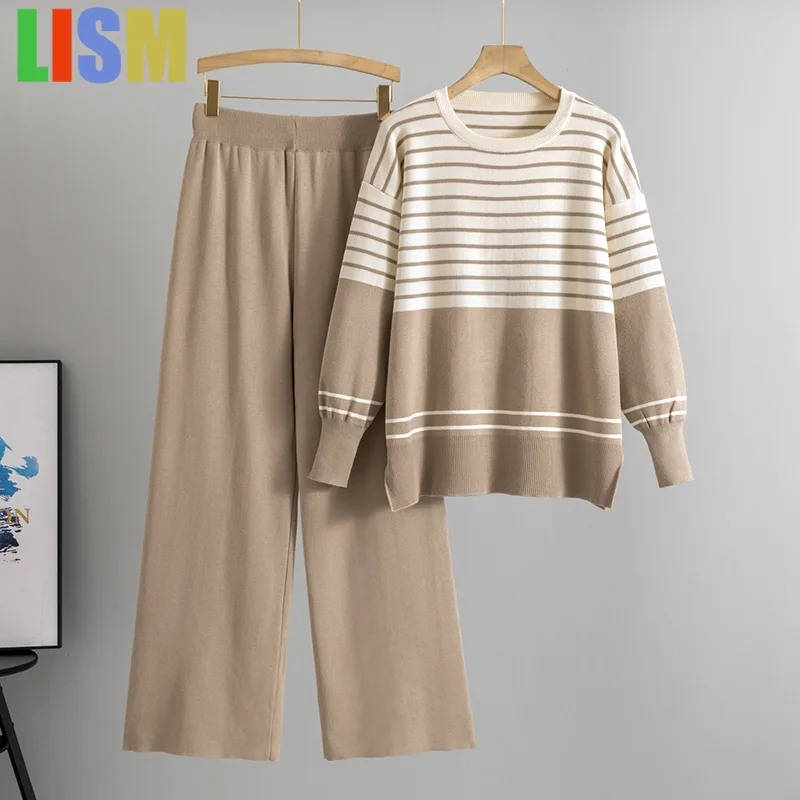 

LISM pant sets Women's tracksuit Split striped top knitted two-piece sweater casual fashion set for women festivals outfit