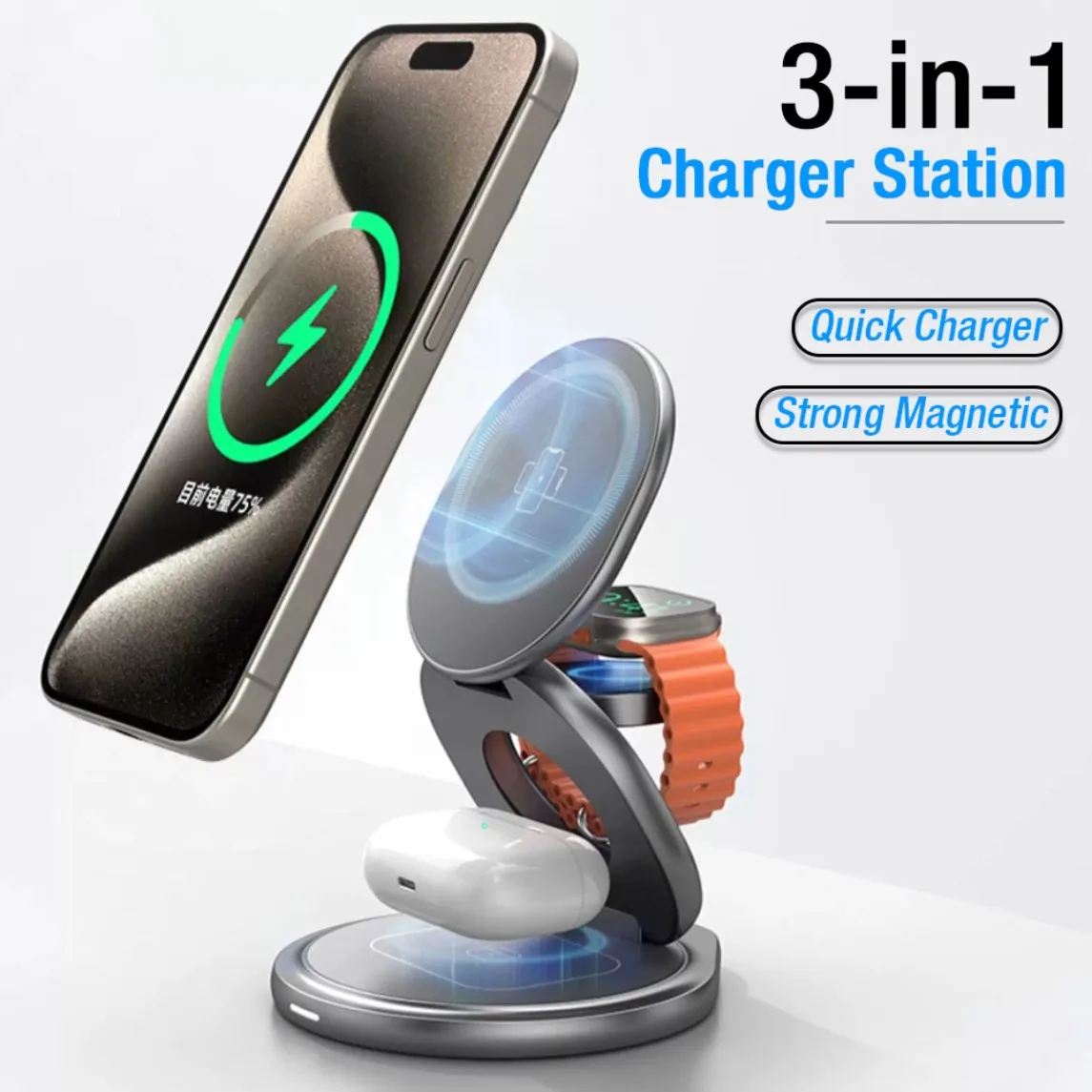 

Magnetiic Wireless Charger Desktop Phone Zinc Alloy Chargers Station For Magsafe iPhone 16 15 14 13 12 iWatch 10-2 AirPods Pro