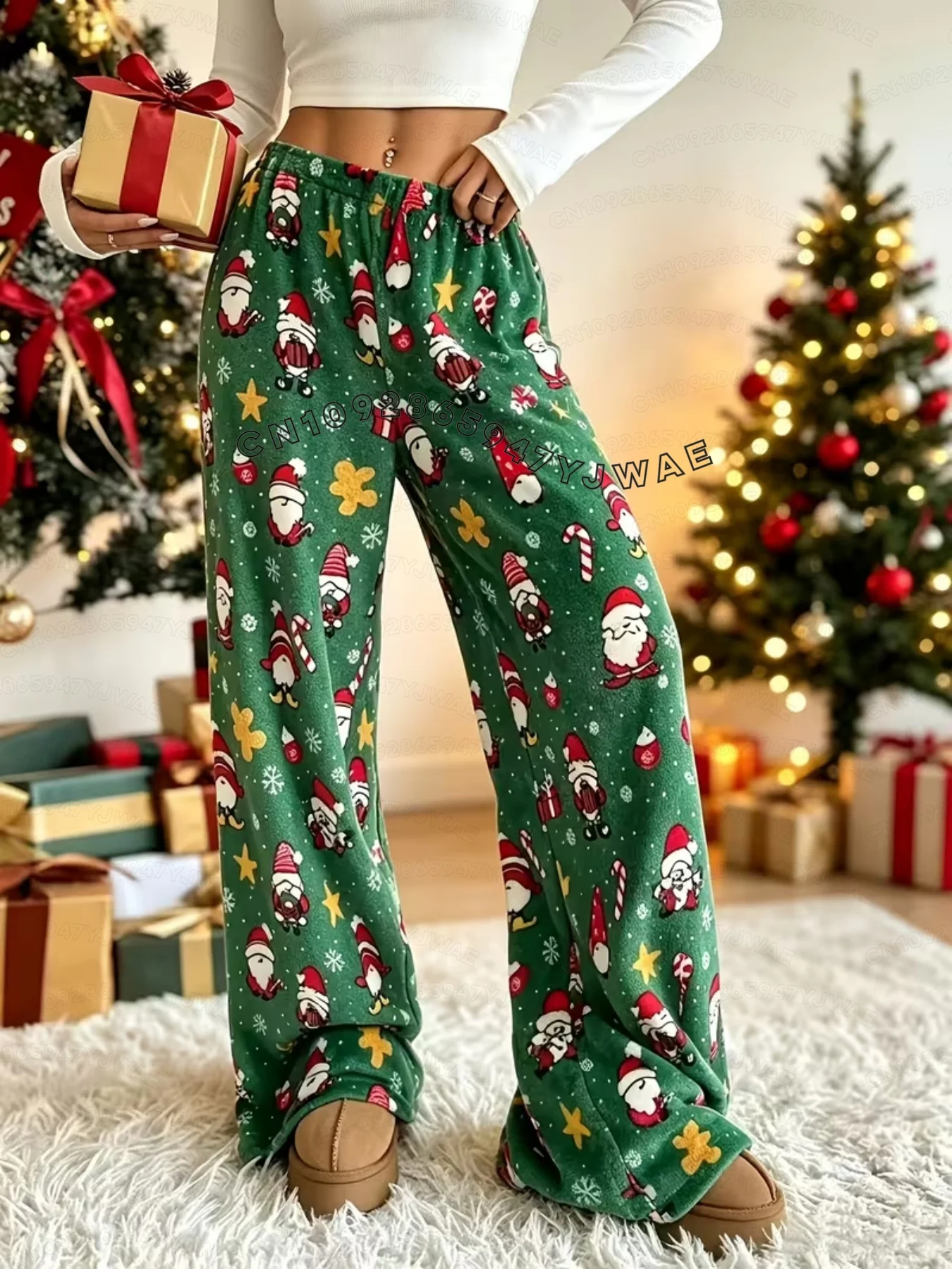2026 Winter Women Fun Christmas Plush Pajama Pants Trousers Santa Claus Snowflakes Pattern Women Home Anime Cartoon Pajama Pants 5